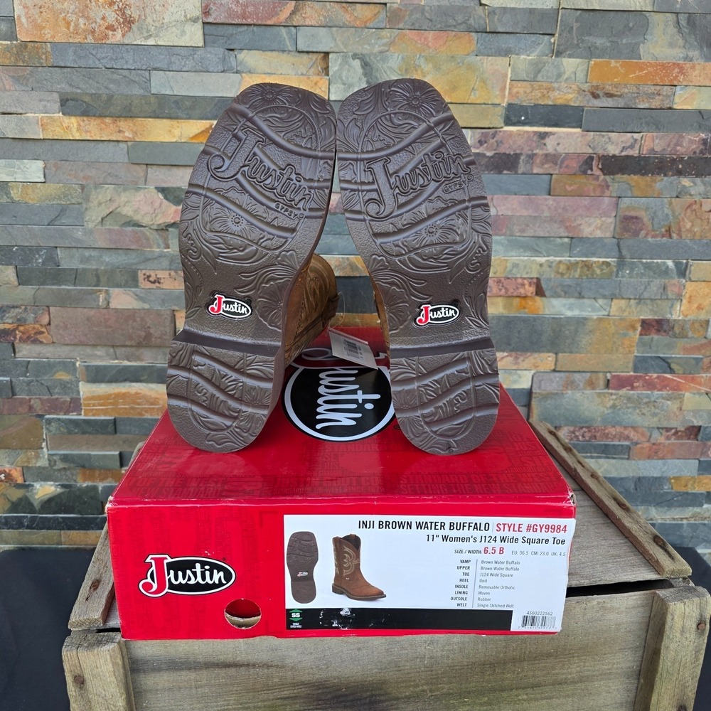 Justin Boots INJI Brown Water Buffalo Wide Square Toe Boots Size 6.5B GY9984 NEW - Picture 8 of 16